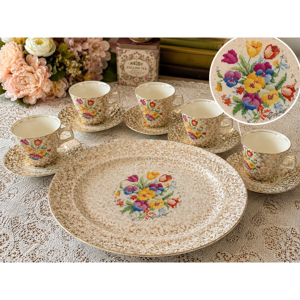 H&K Tunstall 1930's Old English Sampler Tea Set &Platter Dish Floral Cottagecore
